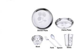 Klassi Kichen Pack of 6 Stainless Steel Steel Laser Printed Flower Dinner Set (Set of 6-Serves 6) Dinner Set