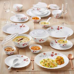 Larah by Borosil Pack of 34 Opalware Galaxy Rosalie Crockey Set for Dining & Gifting, Plate & Bowl Dinner Set