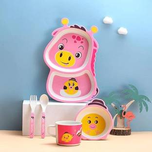 CherryBox Pack of 5 Plastic Kids Tableware Dinnerware Cutlery Set,Cartoon Design Crockery Set - Bamboo Fiber Dinner Set