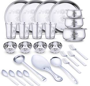LIMETRO STEEL Pack of 29 Stainless Steel Laser Printed (Flawer-4) Dinner Set