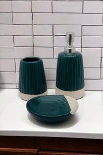 Malaikah Dark Green Bathroom Set (Dispensor , Toothbrush Holder, Soap Case) Ceramic Bathroom Set