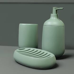 iBELL Green Smooth Finish Modern Bath Set with Soap Dispenser, Soap Case & Tumbler Polyresin Bathroom Set