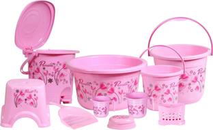 VeleSolv Unbreakable Bathroom Set of 10, Tub, 2 Buckets, Stool, 2 Mugs, Dustbin, Dustpan Plastic Bathroom Set