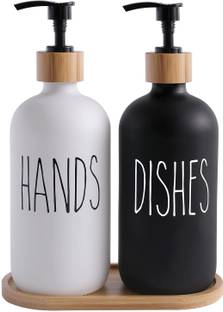 Store2508 Hands & Dishes Liquid Soap Dispenser Set with Bamboo Tray Glass, Bamboo Bathroom Set