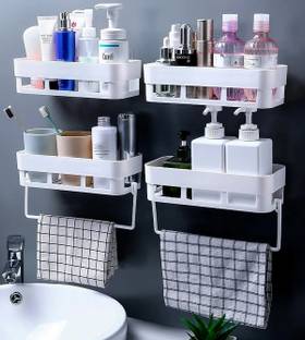 STARLLER MultipurposeWall Mount Bathroom Storage Wall Shelf and Towel Hanger Plastic Wall Shelf