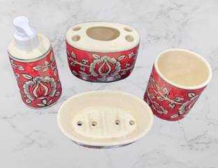 Your Local Store Ceramic Red Color Mughlai Design Bathroom Accessories Set Of 4 Ceramic Bathroom Set