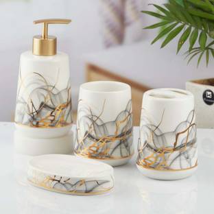 Kookee Ceramic Bathroom Set of 4 with Soap Dispenser Ceramic Bathroom Set