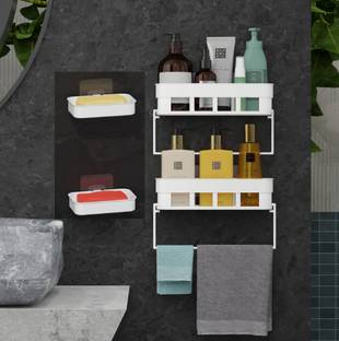 QXORE 2 Bathroom shelf + 2 Soap Dish Pack 1 towel Rack Dispenser Case Holder Plastic Bathroom Set