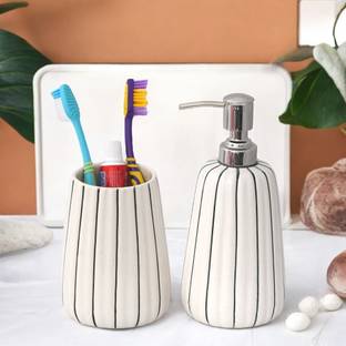 The Transit Story Hand-Painted Liquid Soap Dispenser & Toothbrush Holder Rust-Proof for Kitchen , Ceramic Bathroom Set