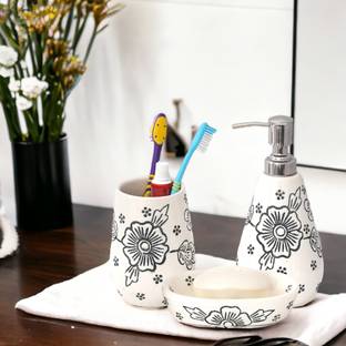 The Transit Story Hand-Painted Liquid Soap Dispenser, Soap Case & Toothbrush Holder Rust-Proof Ceramic Bathroom Set