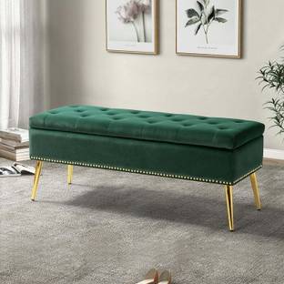 MAJESTIC MART Velvet Storage Ottoman Gold Leg Nailhead Button Tufted Bed Foot Stool LivingRoom Solid Wood Settee