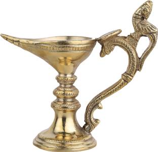 DOKCHAN Brass Table Diya with Peacock Design Handle Brass Table Diya