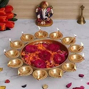 ONLYBOTTOM 12 Inch Urli with Diya Shape Decorative Urli Bowl for Home Handcrafted Brass Table Diya Set