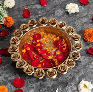 Homing Thistle Rose Shape Urli Bowl for Floating Flowers, Diwali Decorations and Home Decor Iron Table Diya