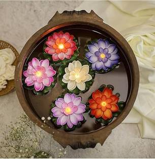 vakratunda Floating Led Lotus Flower for Decoration, Flowers Water Bowl #1 Silicone (Pack of 6) Table Diya Set