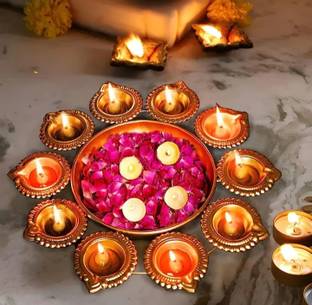 Yunus Gold Polish Diya Shape Flower Decorative Urli Bowl Iron for home Iron Hanging Diya