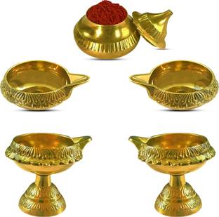 Dharu Enterprises KUBERA STAND DIYA COMBO WITH KUMKUM DIBBI Brass (Pack of 5) Table Diya Set