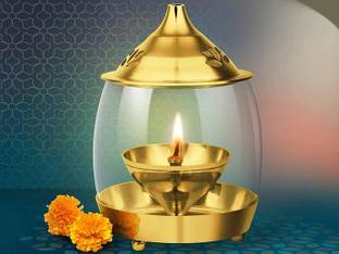 Infinity Art Collection Akhand Diya with Glass Cover Diwali Decor for Pooja, Home Decoration & Gifts Brass, Borosilicate Glass Table Diya