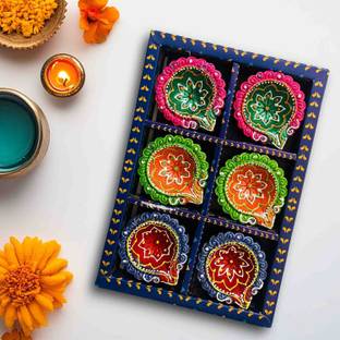Kreyam's Traditional Multicolored Diya For Diwali Pooja set 6 Earthenware (Pack of 6) Table Diya Set