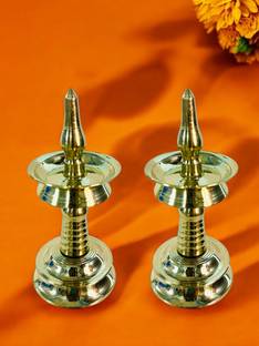 Grehshobha Brass Gold Toned Textured Kerala Fancy Nilavilakku | Kuthu Vilakku | Small Size Brass (Pack of 2) Table Diya Set