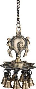 Cave Brass Shankh Chakra Diya & Hanging Bell Brass Hanging Diya