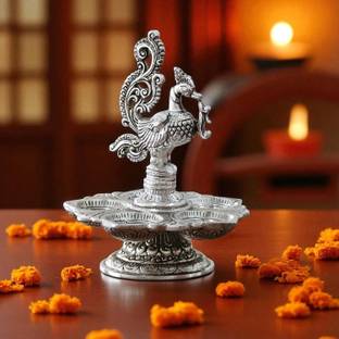 KridayKraft Traditional Silver-Plated Peacock Pooja Thali, 5-Compartment Aluminium Table Diya