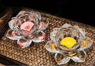 NIYA TRENDZ Beautiful Glass Lotus Diya Glass (Pack of 2) Table Diya Set