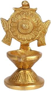 Agromech Brass Beautiful Traditional Lord Swami Vishnu Religious Symbols Shankha Chakra Brass Table Diya
