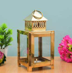 HOUZZPLUS Akhand Diya with Glass Cover Brass Diya for Puja Room Brass Table Diya Brass Hanging Diya