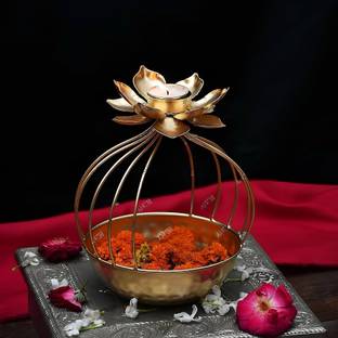 AA SONS GLOBAL EXPORTS Metal Urli Bowl Flower Design with Diya Telight Holder Decoration For Festival Iron Table Diya Set