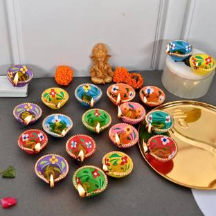 HOMCARE Traditional Handmade Terracotta Clay Diya, Designer Diye for pooja Ceramic (Pack of 11) Table Diya