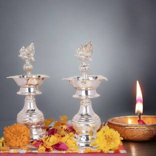 Sigaram Peacock Made by Pure German Silver For Puja K4240 Silver Plated (Pack of 2) Table Diya Set