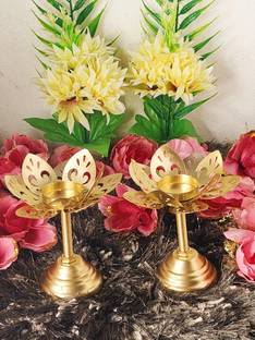 ZUNISHOP Iron Flower Design Stand Diya / Golden Finish Decorative Flower Diya Iron Table Diya
