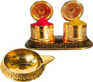 Dharu Enterprises Brass Kubera Diyas and Kumkum dibbi set Brass (Pack of 2) Table Diya Set