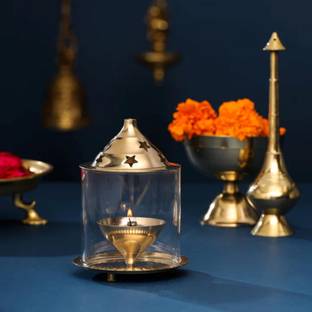 T-KA108 Brass Akhand Diya with glass, ideal for pooja and decor. Brass Table Diya Set