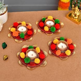 Collectible India Color Mix Stand, For Puja, Pooja, Cast Iron (Pack of 4) Table Diya Set