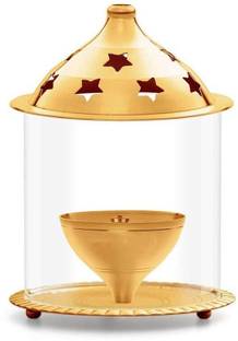 ANI DIVINE Golden Akhand Deep WIth Cover High Quality Brass, Glass Table Diya Brass, Glass Table Diya