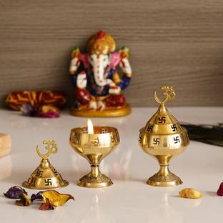 eCraftIndia Golden Om And Swastik Symbol Decorative Akhand Brass Diya Brass (Pack of 2) Table Diya Set