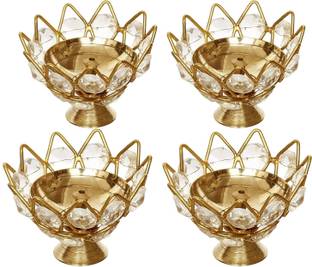 ONLYBOTTOM Brass Akhand Diya | Diamond Crystal Deepak/Diya Brass, Crystal Brass (Pack of 4) Table Diya Set