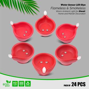 SLYKA LED Diya with Water Sensor Battery Powered For Temple Office/Home Decoration Plastic (Pack of 24) Table Diya Set