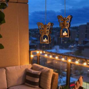GIFT KYA DE Balcony Decor Hanging Butterfly Diya Set with 2 Electric Diya Lights (Bamboo) Wood (Pack of 2) Hanging Diya Set