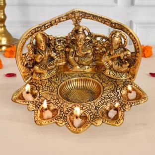 Chhariya Crafts Laxmi Ganesh Saraswati Idol With 5 Face Diya For Home And Office Aluminium Table Diya
