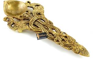 Two Moustaches Twin Peacock Design Round Brass Pooja Aarti Spoon, Antique Yellow Brass Table Diya