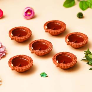eCraftIndia Set of 6 Decorative Clay Diyas Deepam Oil Lamps, Mitti Diya for Diwali Pottery (Pack of 6) Table Diya
