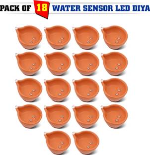 SLYKA Water Sensor Brown Real Diya, Lighten Up When Fill with Water Plastic (Pack of 18) Table Diya Set