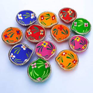 BS NATURAL Hand Made Colourful Clay Diya for Diwali Decoration Deepak, lamp -Set of 15 Pieces with Batti Pottery (Pack of 15) Table Diya Set