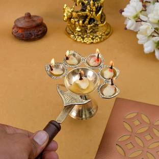 EliteTouch Puja Diya for Diwali/Navratri Arti diya, Aarti diya, diya with stand Panchmukhi Brass Table Diya
