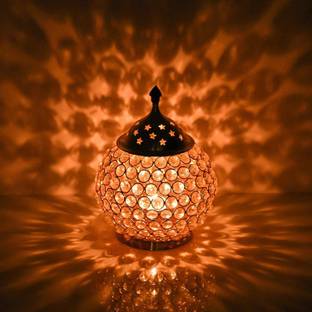 CraftVatika Akhand Diya Decorative Brass Crystal Oil Lamp Tea Light Holder Lantern Oval Shape Decoration Puja Lamp Crystal, Brass Table Diya Set