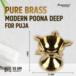 Brassware International Pure Brass Modern Poona Deep for Puja | S Size 55 gm Brass Table Diya