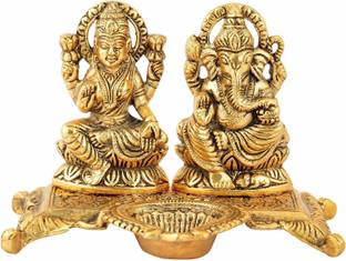 Hardik Handicraft Lakshmi Ganesha with Diya Statue Idol Murti in Metal Decorative Showpiece - 20 cm (Metal, Gold) Brass Table Diya